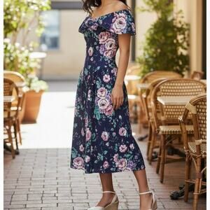 Elisse Vintage 80's Floral Off The Shoulder Midi Dress Women's 11 / 12 Blue Pink